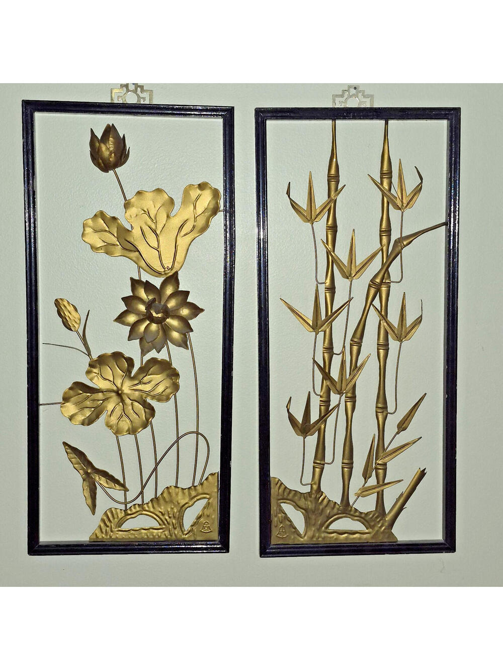 Wood Framed Brass Tin Metal 3D Wall Pane Floral Tree Bamboo Hanging Set Of 4